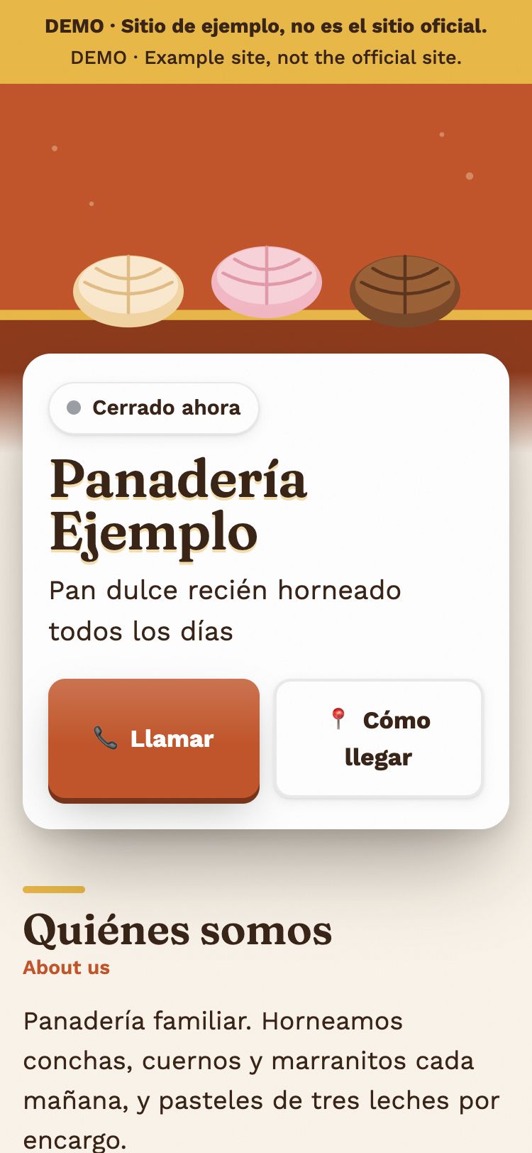 Example bakery business page